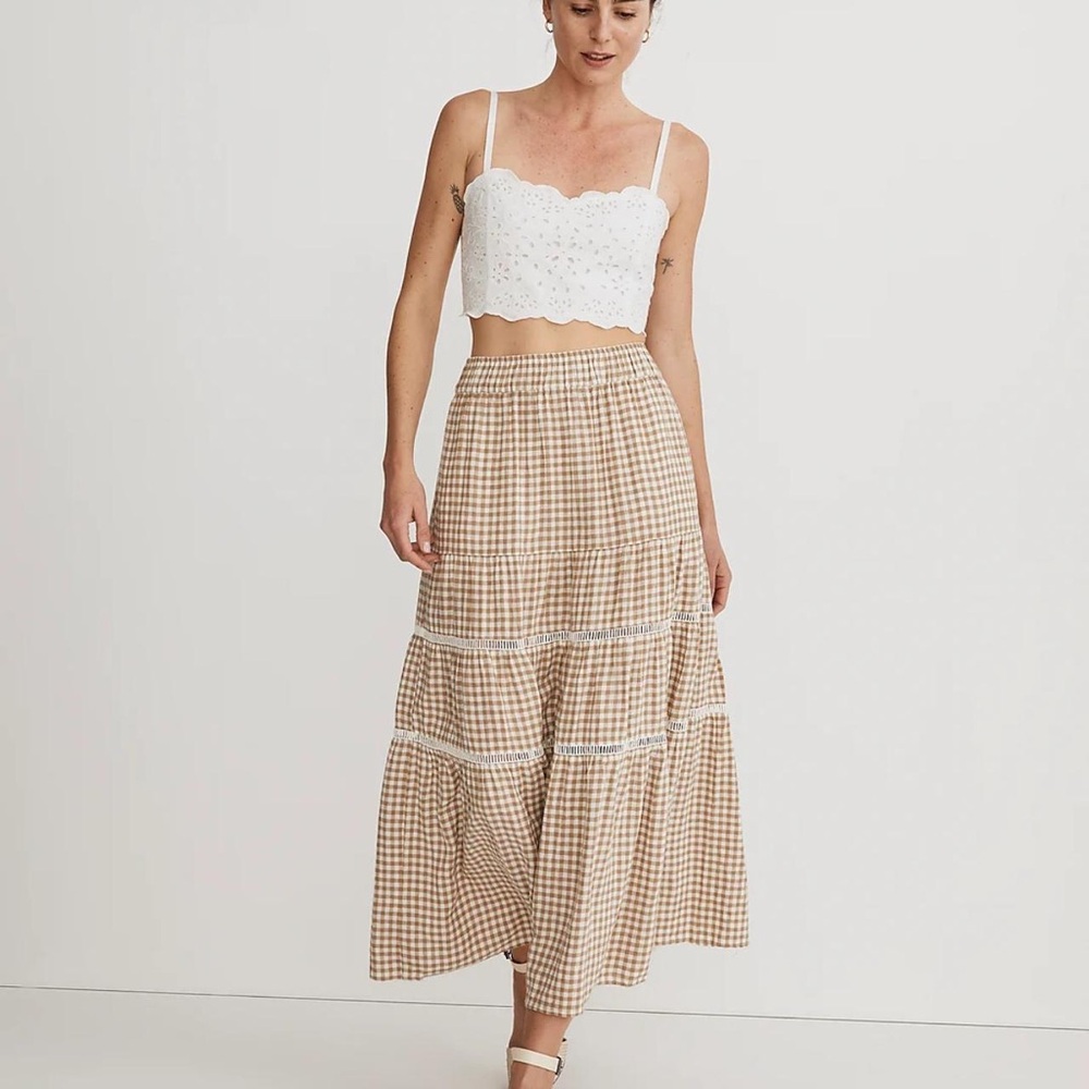 NWT Madewell Linen-Blend Eyelet-Trim Tiered Maxi Skirt, size L